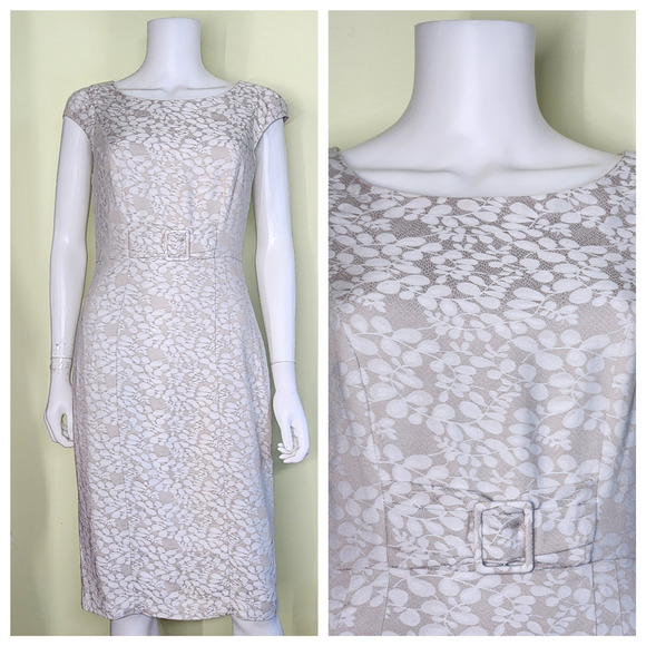 Monsoon Belted Sheath Dress US 6 UK 10 Beige White Floral Cap Sleeve Romantic - Picture 1 of 11